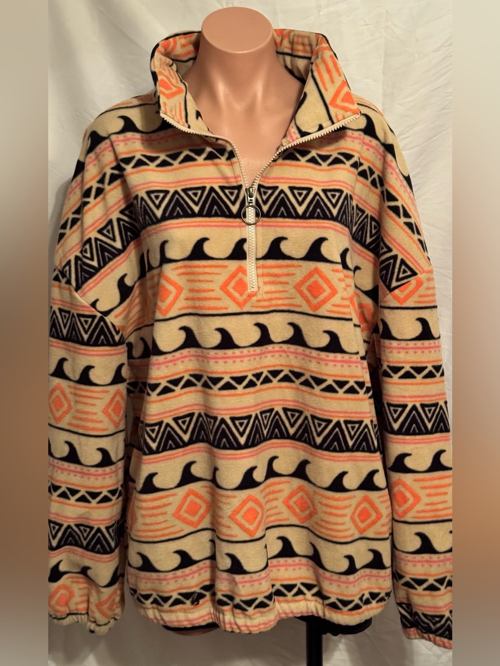 New! O’Neil Half-Zip Fleece Pullover Sweater - Cream & Orange Aztec Waves XXL